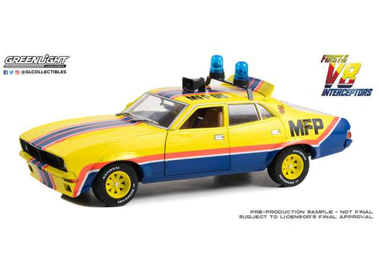 Pre-Order – 1974 Ford Falcon XB 4-Door Sedan M.F.F #8 Big Bopper XB Police Pursuit *First of the V8 Interceptors 1979 Roop and Charlie's*, yellow/blue 1:18 GreenLight Model (gl13675) – ETA. July/August 2026