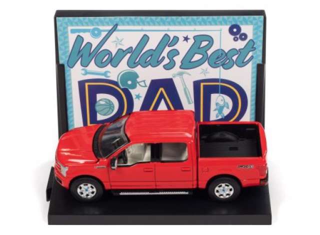 2018 Ford F-150 Lariat Pickup Truck with Base & Trading Card *World best DAD*, red 1:64 Auto World Model