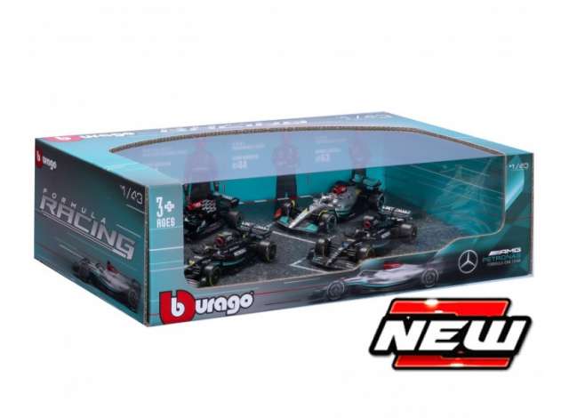 Set of 4 Mercedes AMG Petronas F1 Team, turquoise/silver/black 1:43 Bburago Model