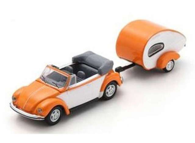 Available To Order – Volkswagen Kever cabrio with caravan, orange/white 1:87 Schuco Model (SCHUCO26777)