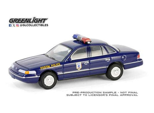 Pre-Order – 1992 Ford Crown Victoria Police Interceptor - United States Postal Service (USPS), blue 1:64 GreenLight Model (gl30516) – ETA. September 2026