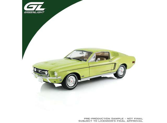 Pre-Order – 1968 Ford Mustang GT Fastback, Lime Gold with Black GT Stripe 1:18 GreenLight Model (gl13692) – ETA. September 2026