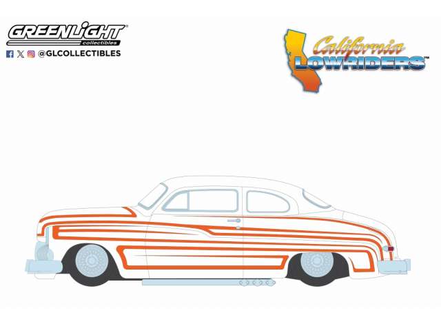 Pre-Order – 1950 Mercury Eight Coupe *California Lowriders Series 6*, white/orange 1:64 GreenLight Model (gl63070B) – ETA. September 2026