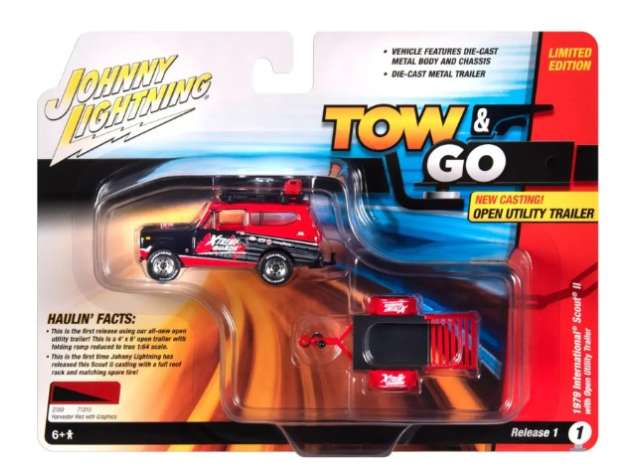 Pre-Order – 1979 International Scout with Open Trailer, red/black 1:64 Johnny Lightning Model (JLSP378) – ETA. September 2026