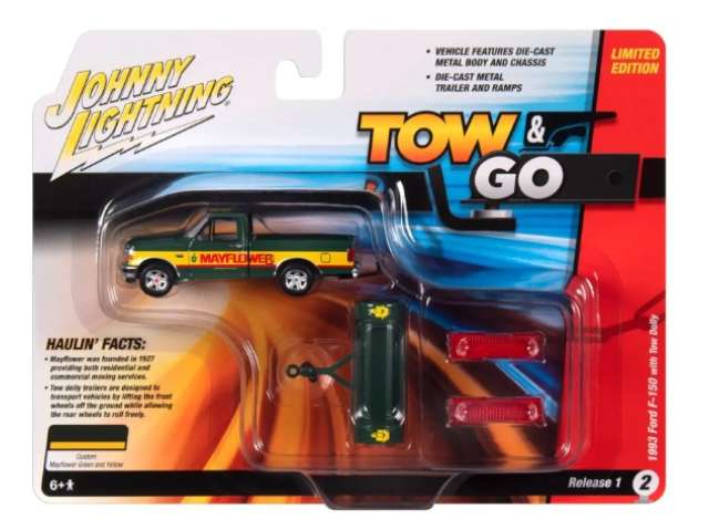 Pre-Order – 1993 Ford F-150 Truck with Tow Dolly, dark green/yellow 1:64 Johnny Lightning Model (JLSP379) – ETA. September 2026