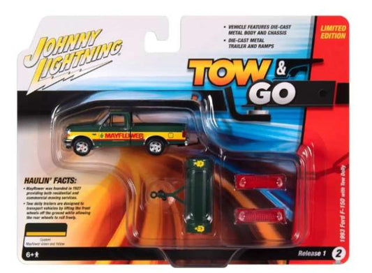 Pre-Order – 1993 Ford F-150 Truck with Tow Dolly, dark green/yellow 1:64 Johnny Lightning Model (JLSP379) – ETA. September 2026