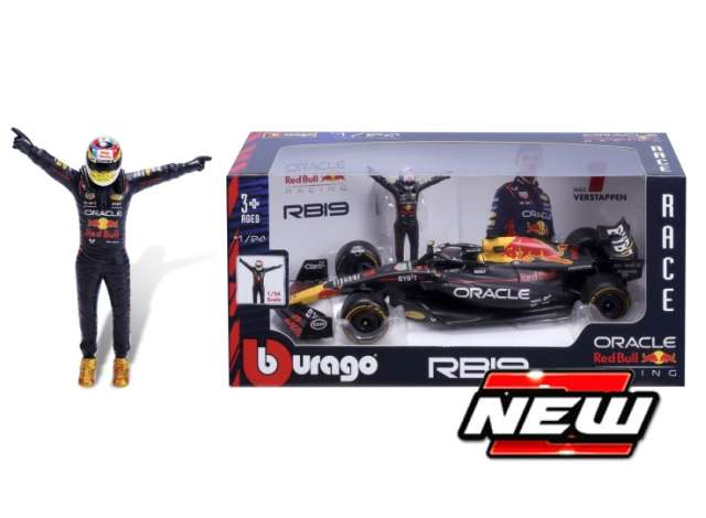 2023 Red Bull RB19 F1 #1 Max Verstappen World Champion Version with figure and golden schoes, blue/red/yellow 1:24 Bburago Model