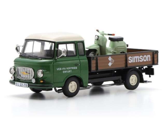 Pre-Order – Barkas B1000 with Simson Schwalbe, *Simson Service*, green/brown 1:43 Schuco Model (schuco07309) – ETA. September 2026