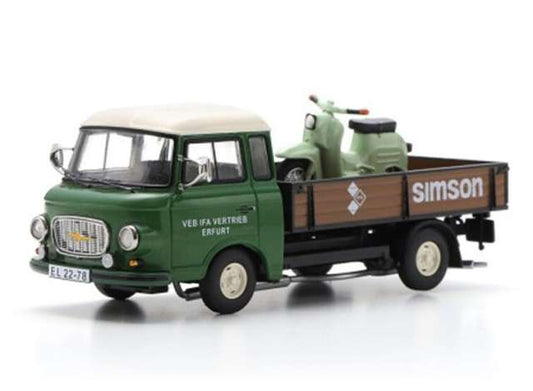 Pre-Order – Barkas B1000 with Simson Schwalbe, *Simson Service*, green/brown 1:43 Schuco Model (schuco07309) – ETA. September 2026