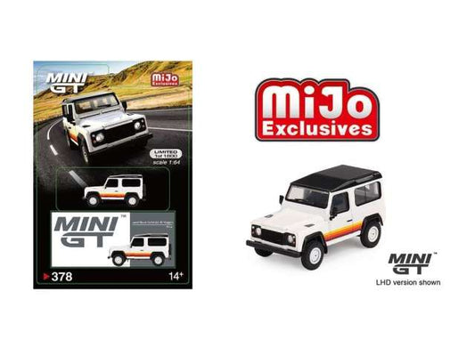 1:64 MINI GT MGT00378MJ LAND ROVER DEFENDER 90 WAGON, WHITE WITH STRIPES