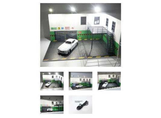 Pre-Order – Two story garage with LED lights  Dimensions: w 420 mm x d 265 mm x h 240 mm Materials: PVC, plastic parts, electrical parts The voltage of the lights is 5V. 1:24 Dioramatoys Model (DT2483) – ETA. September 2026