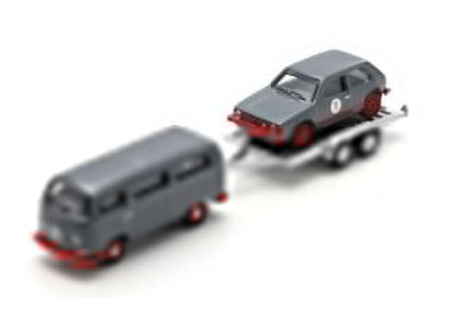 Available To Order – #S87U00067 Volkswagen T2 Bus with trailer & Volkswagen Golf I GTI, grey/red 1:87 Schuco Model (SCHUCOS87U00067)
