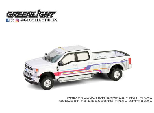 Pre-Order – 2019 Ford F-350 Lariat Dually, white with custom stripes *Dually Drivers Series 16*, white 1:64 GreenLight Model (gl46160D) – ETA. September 2026