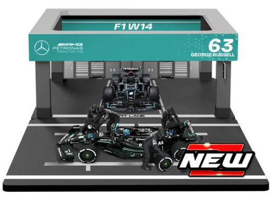 2023 Mercedes-AMG W14 #63 George Russell, E Performance Petronas Formula One Team, Pit Pass Set, turquoise/black 1:43 Bburago Model