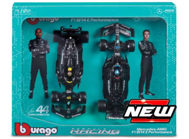 Pre-Order – 2023 Mercedes Benz AMG Petronas F1 W14 #44 Lewis Hamilton with #63 George Russell- 2 car set, black/silver/turquoise 1:24 Bburago Model (bura28062) – ETA. July/August 2026
