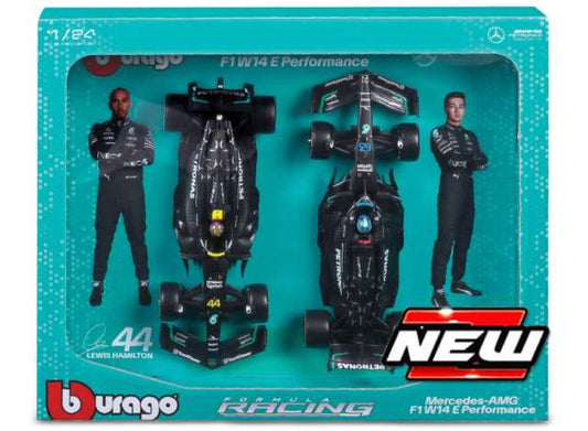 Pre-Order – 2023 Mercedes Benz AMG Petronas F1 W14 #44 Lewis Hamilton with #63 George Russell- 2 car set, black/silver/turquoise 1:24 Bburago Model (bura28062) – ETA. July/August 2026
