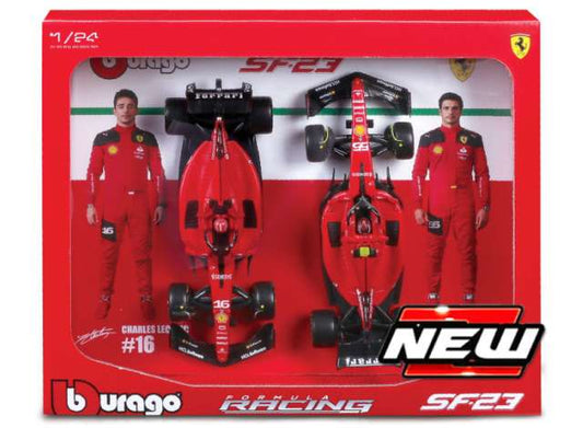 Pre-Order – 2023 Ferrari Scuderiza Ferrari SF-23 #16 Charles Leclerc with #55 Carlos Sainz- 2 car set, red/black 1:24 Bburago Model (bura26817) – ETA. July/August 2026