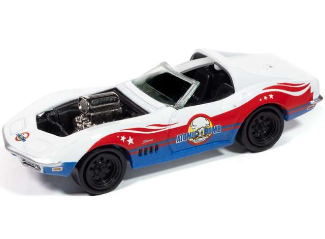 Pre-Order – 1969 Chevrolet Corvette *Atomic Bomb* Stuntman Mike's Ride Along Racing, white/red/blue 1:64 Johnny Lightning Model (JLSP410) – ETA. September 2026