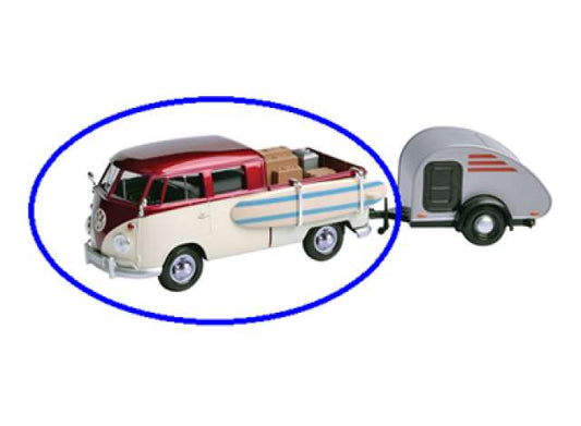 Pre-Order – Volkswagen Type 2 (T1) Surf Pickup with Tear Drop Trailer, red/white 1:24 Motor Max Model (mmax79570) – ETA. September 2027