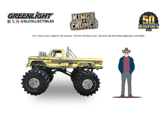 Pre-Order – 1974 Ford F-250 Monster Truck, *Kings of Crunch Bigfoot* #1 50th Anniversary, gold chrome with Bob Chandler Standing Figure 1:18 GreenLight Model (gl13715) – ETA. September 2026