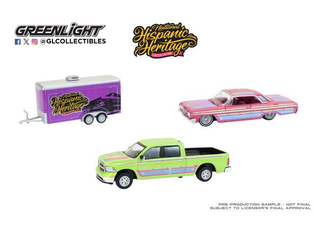 Pre-Order – 2014 Ram 1500 with 1964 Chevrolet Impala Lowrider in Enclosed Hauler - Hispanic Heritage Month Tribute *Hitch & Tow*, various 1:64 GreenLight Model (gl30555) – ETA. September 2026