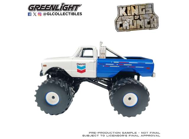 Pre-Order – 1972 Chevrolet K-10 Monster Truck, Chevron 150th Anniversary *Kings of Crunch Series 6*, blue/white 1:43 GreenLight Model (gl88063) – ETA. September 2026