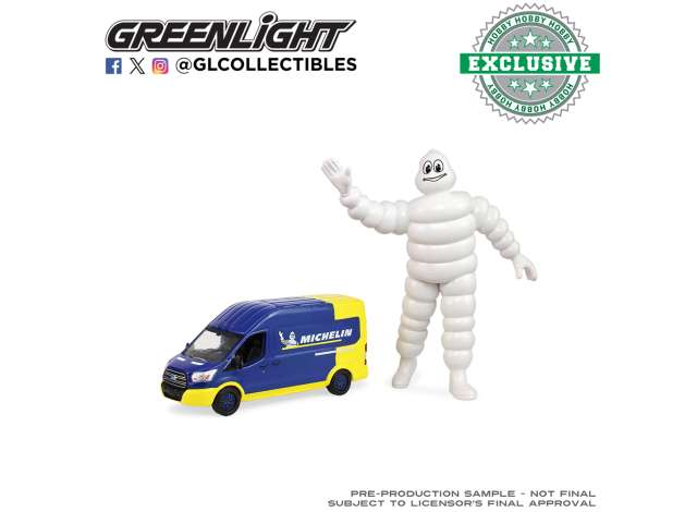 Pre-Order – 2019 Ford Transit LWB High Roof, Michelin Tires with 1/18 Michelin Figure, blue/yellow 1:64 GreenLight Model (gl30563) – ETA. September 2026