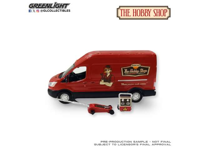 Pre-Order – 2019 Ford Transit LWB High Roof Mobile Mechanic with Car Jack and Battery *The Hobby Shop Series 17*, red 1:64 GreenLight Model (gl97170E) – ETA. September 2026
