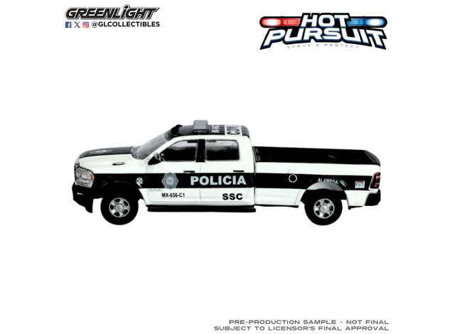 Pre-Order – 2019 Ram 1500 SSC Mexico City Police *Hot Pursuit Series 48*, white/green 1:64 GreenLight Model (gl43060E) – ETA. September 2026