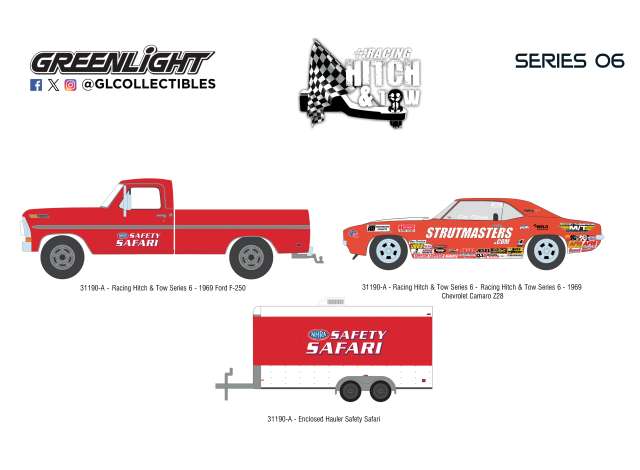 Pre-Order – 1969 Ford F-250 and 1969 Chevy Z/28 Camaro - Dan Fletcher with Enclosed Hauler Safety Safari *Racing Hitch & Tow Series 6*, red 1:64 GreenLight Model (gl31190A) – ETA. September 2026