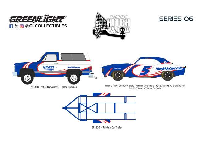Pre-Order – 1986 Chevrolet K5 Blazer Silverado and 1969 Chevrolet Camaro Hendrick Motorsports *Racing Hitch & Tow Series 6*, white/blue 1:64 GreenLight Model (gl31190C) – ETA. September 2026