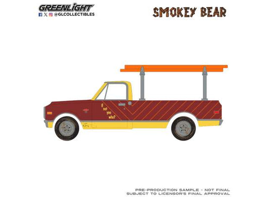 Pre-Order – 1968 Chevrolet C-10 with Ladder Rack, Burned Timber Builds No Homes *Smokey Bear Series 5*, red/yellow 1:64 GreenLight Model (gl38090B) – ETA. September 2026