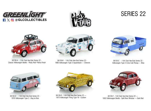 Pre-Order – Club Vee-Dub series 22 assortiment of 6. 1:64 GreenLight Model (gl36130~6) – ETA. September 2026