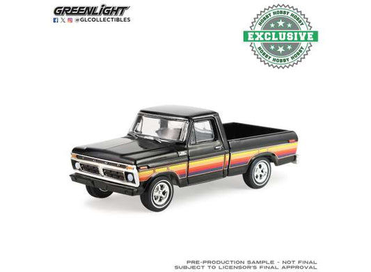 Pre-Order – 1977 Ford F-100 *Free Wheeling Stripes Edition* , raven black 1:64 GreenLight Model (gl30571) – ETA. September 2026