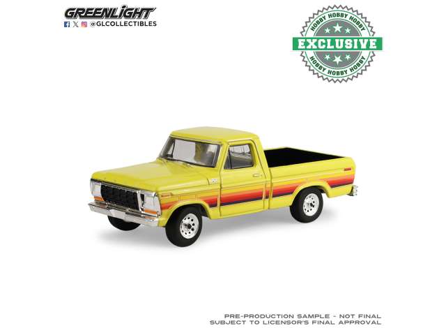 Pre-Order – 1978 Ford F-150 *Free Wheeling Stripes Edition*, yellow 1:64 GreenLight Model (gl30573) – ETA. September 2026