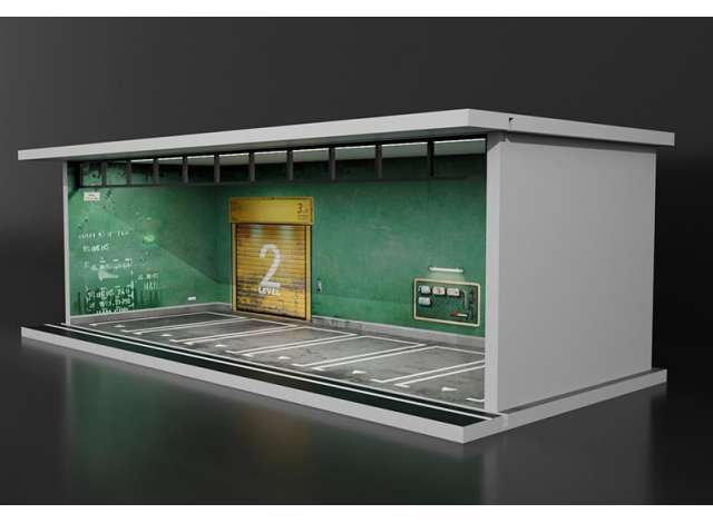 Available To Order – Parking Garage Parking Lot with Light, Green 1:64 Black Box Diorama Model (MO914084)