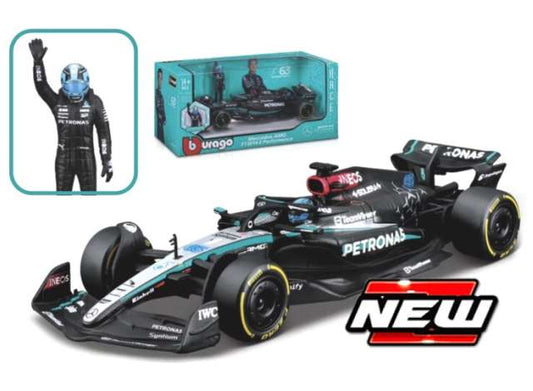 Pre-Order – 2024 Mercedes Benz AMG W15 #63 George Russell with figure, black/silver/turquoise 1:24 Bburago Model (bura28069R) – ETA. July/August 2026