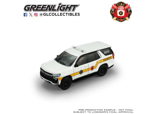Pre-Order – 2024 Chevrolet Tahoe, Bethesda, Maryland Bethesda-Chevrolet Chase Rescue Squad *Fire & Rescue Series 5*, white 1:64 GreenLight Model (gl67070D) – ETA. September 2026