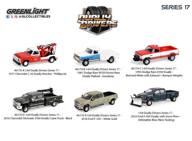 Pre-Order – Dually Drivers Series 17 assortment of 6. 1:64 GreenLight Model (gl46170~6) – ETA. September 2026