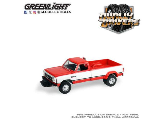 Pre-Order – 1993 Dodge Ram D350 Dually  with Exhaust + Bumper Weights, *Dually Drivers Series 17*, red/white 1:64 GreenLight Model (gl46170C) – ETA. September 2026