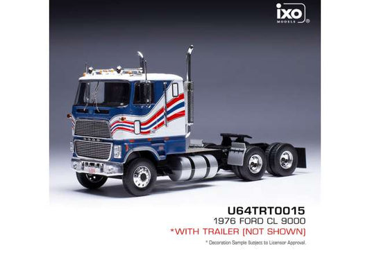 Pre-Order – 1976 Ford CL 9000 with Vintage Trailer, blue/white/red 1:64 IXO America Model (ixoU64TRTR001S) – ETA. September 2026