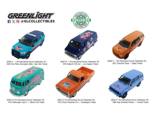 Pre-Order – International Soccer Celebration 2026  Assortment of 6 1:64 GreenLight Model (gl30587~6) – ETA. September 2026