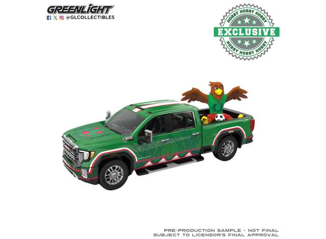 Pre-Order – 2022 GMC Sierra 3500 HD *International Soccer Celebration 2026* Mexico Tribute with Eagle Figurine, green 1:64 GreenLight Model (gl30589) – ETA. September 2026