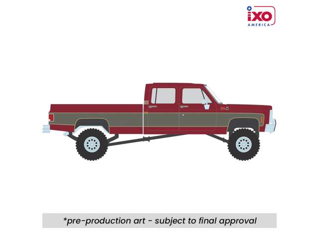 Pre-Order – 1977 GMC Sierra Grande K2500 Crew Cab Wideside, dark red metallic/silver special two-tone Lifted 1:64 IXO America Model (ixoIA64027) – ETA. September 2026