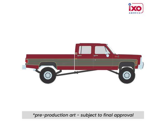 Pre-Order – 1977 GMC Sierra Grande K2500 Crew Cab Wideside, dark red metallic/silver special two-tone Lifted 1:64 IXO America Model (ixoIA64027) – ETA. September 2026