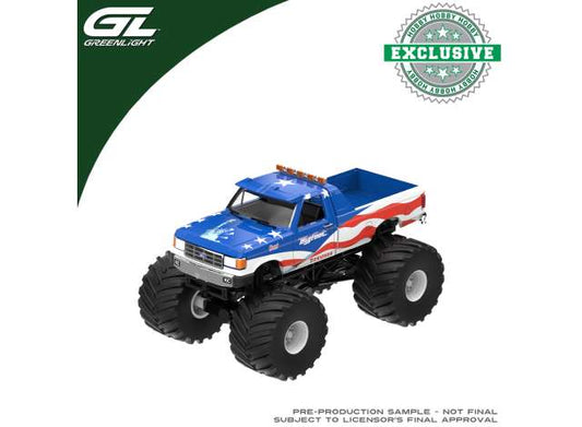 Pre-Order – 1996 Ford F-250 Truck USA 250 Tribute with 1/18 Bob Chandler Standing Figure, *Kings of Crunch-Bigfoot #5*, blue/white/red 1:64 GreenLight Model (gl30592) – ETA. February 2027