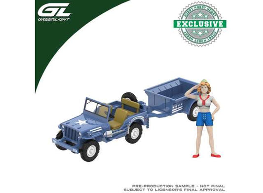 Pre-Order – 1943 Willys MB Jeep with Cargo Trailer and Military Pin-Up Girl Figurine America 250 Edition *Hitch & Tow*, blue 1:64 GreenLight Model (gl30594) – ETA. September 2026