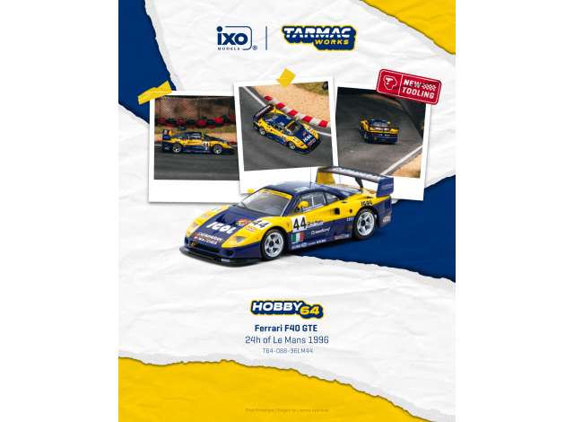 Pre-Order – Ferrari F40 GTE #44 Luciano Della Noce/Anders Olofsson/Carl Rosenblad 24h of Le Mans, blue/yellow 1:64 Tarmac Model (TC-T64-088-96LM44) – ETA. September 2026