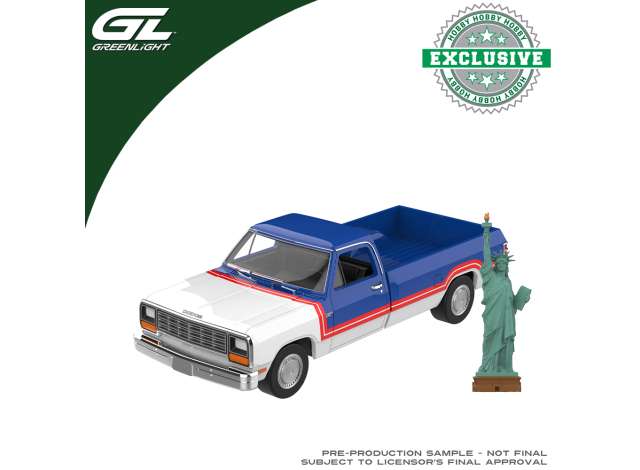 Pre-Order – 1981 Dodge Ram America 250 Edition with Big Statue of Liberty Figurine, white/red/blue 1:64 GreenLight Model (gl30599) – ETA. September 2026
