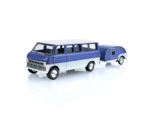 Pre-Order – 1974 Ford Club Wagon with tear drop trailer *Hitch & Tow Series 34*, medium blue 1:64 GreenLight Model (gl32340A) – ETA. September 2026